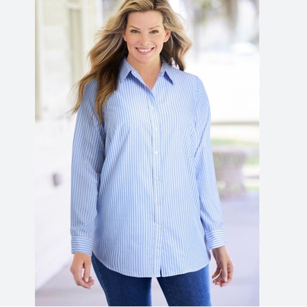 Woman Within Blue and White Striped Casual buttoned down tunic 3X Shirt